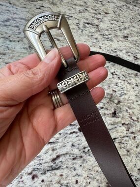 Lucky Brand Dark Brown Leather Belt with Floral Silver-Tone Buckle
